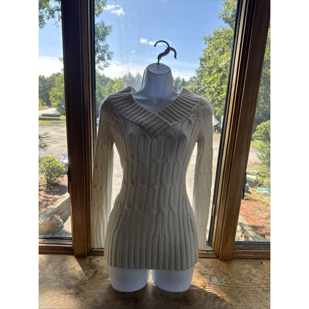 Y2K Wet Seal Chunky Cable Knit V-Neck Sweater Size S White Preppy Tween
